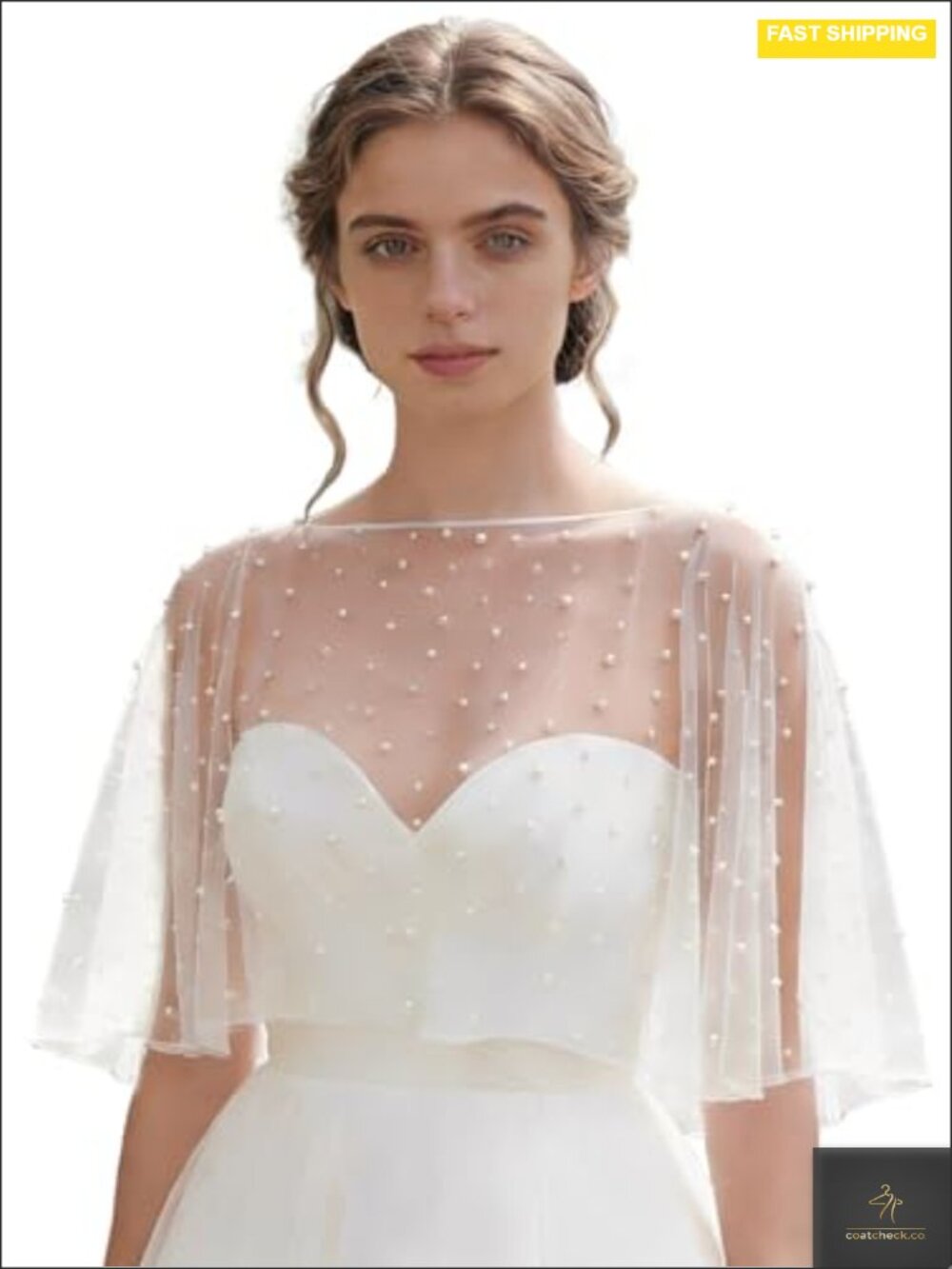 Sheer Ivory Pearl-Embellished Bridal Shawl